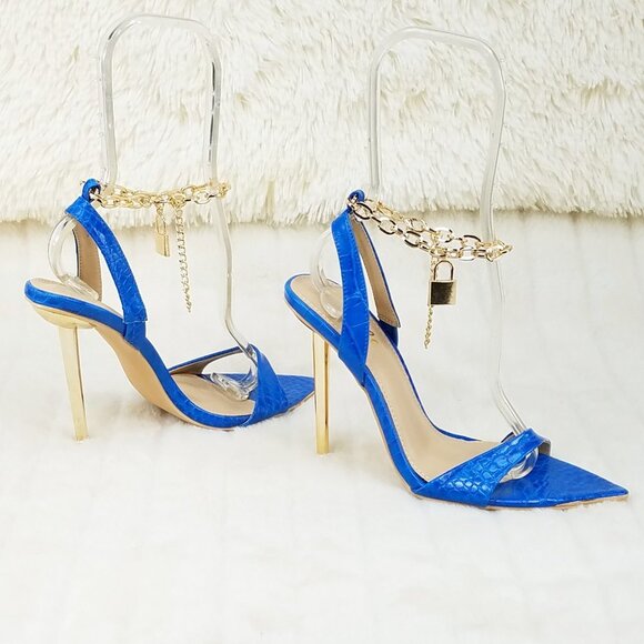 Nicely Lock Chain Strap High Heels Metal Toe Tip Blue - Picture 1 of 13